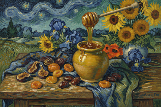 CREATE AN IMAGE OF COMBINATION OF DRIED FRUIT, MANUKA HONEY AND FLORAL IN VAN GOGH STYLE