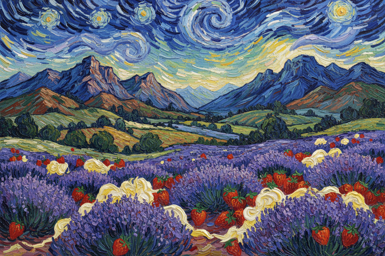 make lavender, strawberry and lemon cream at ethiopian highland with van gogh style