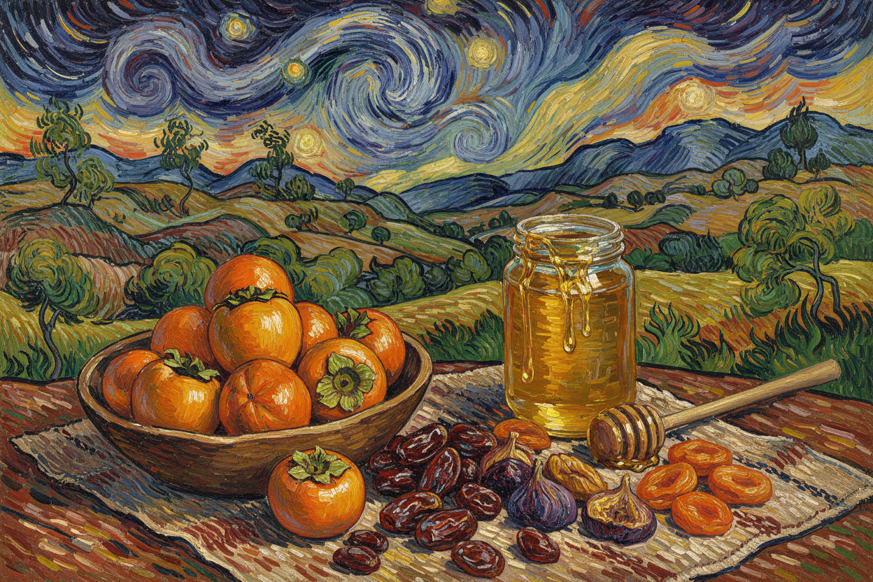 persimmon, dried fruit and manuka honey at ethiopian highland in van gogh style